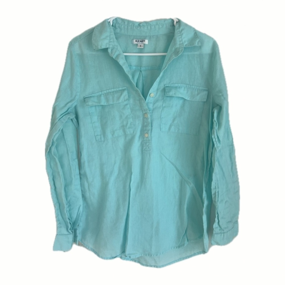 Old Navy Linen Blend Button Front Utility Shirt Aqua Blue Size M